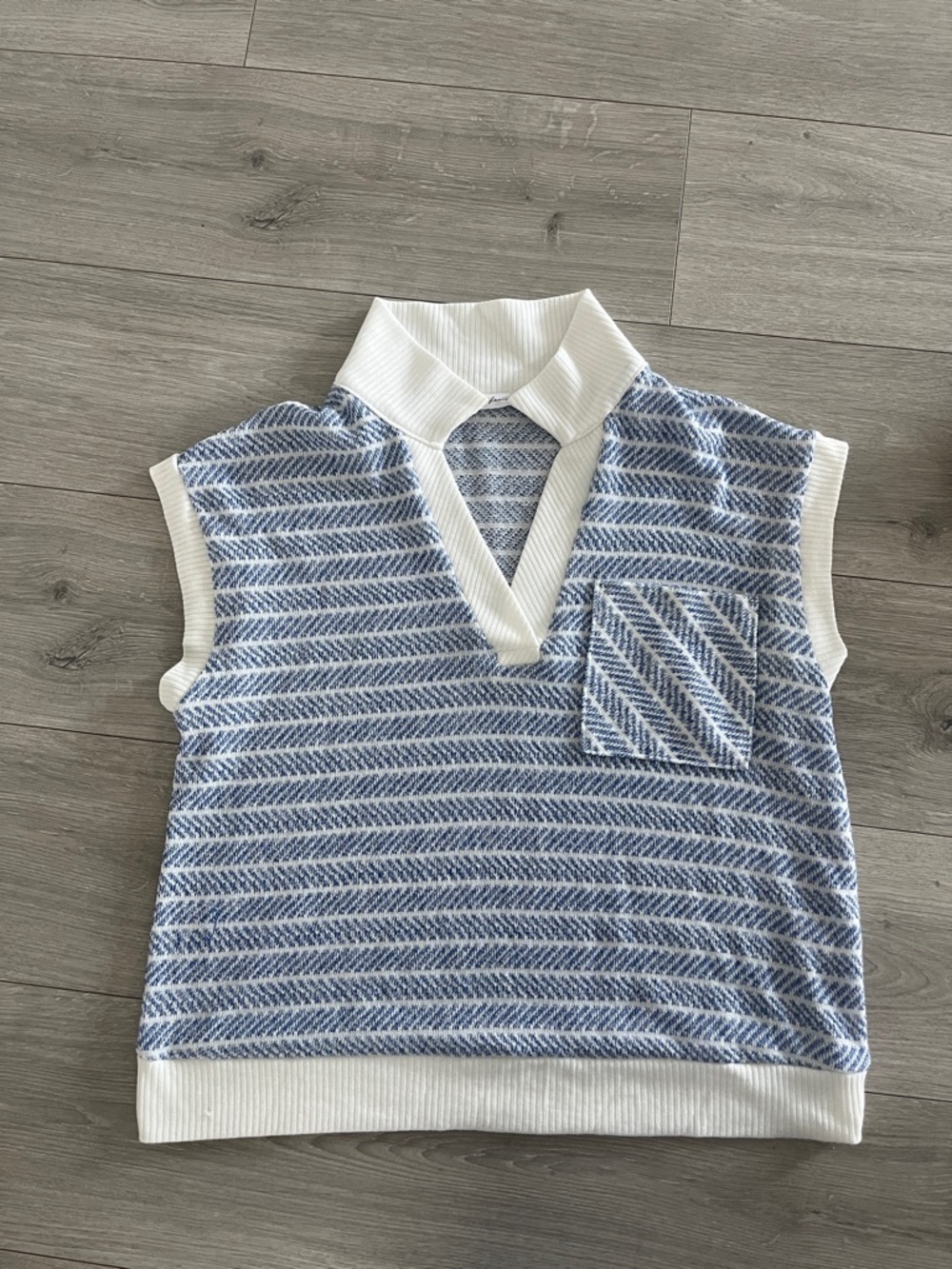 Zara Blue and White Striped Sleeveless Polo Sweater